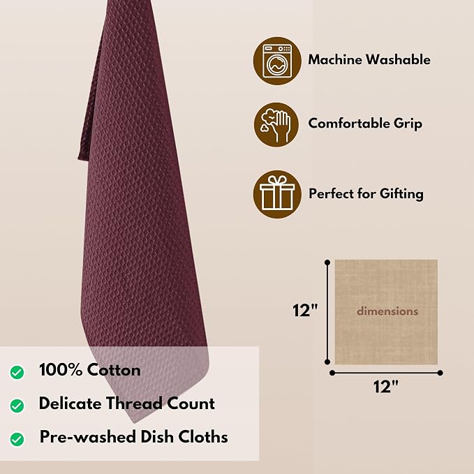 Native Fab 6 Pack Cotton Waffle Dish Cloths - 12x12 inch, Soft, Absorbent & Quick Drying Towels for Cleaning, Cooking & Baking - Great for Home, Restaurants, Cafes & Bars - Burgundy Wine