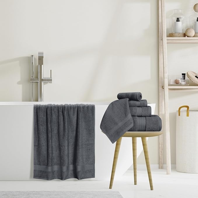 GLAMBURG Ultra Soft 8-Piece Towel Set - 100% Pure Ringspun Cotton, Contains 2 Oversized Bath Towels 27x54, Hand 16x28, 4 Wash Cloths 13x13 Ideal for Everyday use, Hotel & Spa -Charcoal Grey