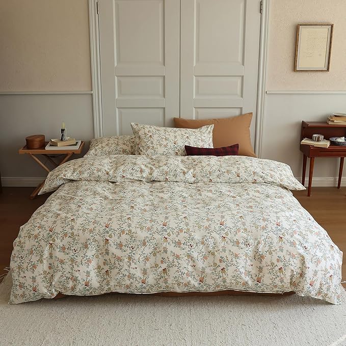 EAVD Vintage Style Floral Duvet Cover Twin Soft Cotton Chic Shabby Garden Floral Bedding Set with 2 Pillowcases Fresh Reversible Botanical Comforter Cover with Zipper Closure