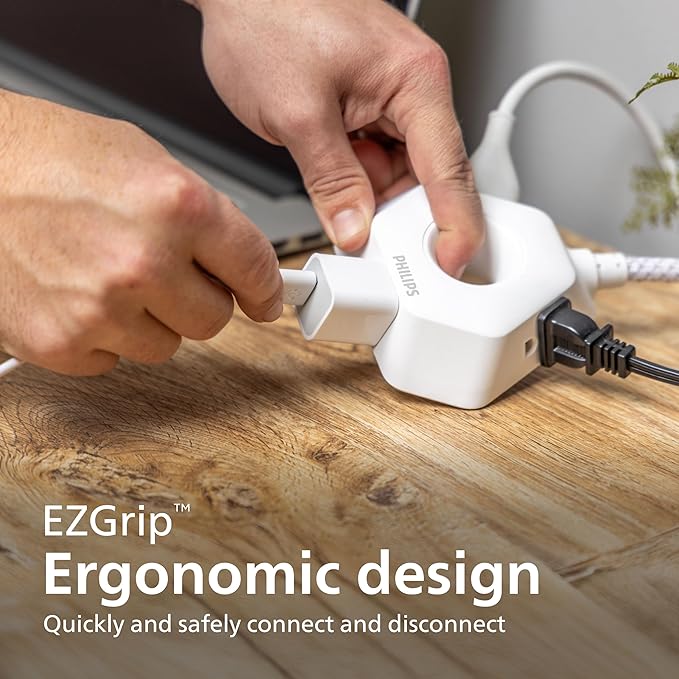 Philips EZGrip Indoor Extension Cord with Multiple Outlets, 3 Prong Grounded Cord, Short Extension Cord, Ergonomic Design, 16AWG, 4ft Braided Cord, ETL Listed, White, SPS3574W/37