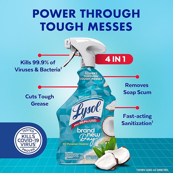 Lysol All Purpose Cleaner Spray, Multi-Purpose Disinfecting Spray, Kitchen & Bathroom Cleaner, Coconut & Sea Minerals Scent, 32 Fl Oz
