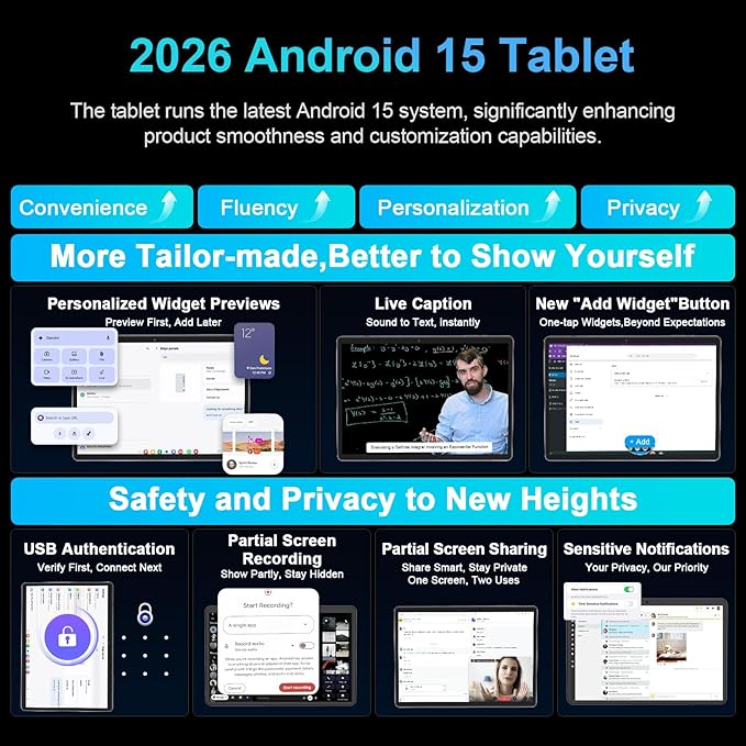 JJGJ 2026 Android 15 Tablet with Keyboard, 26GB+256GB, 2TB Expand, 10 Inch Tablet with Octa-Core, 8000mAh, 5G WiFi, BT5.0, Widevine L1, Gemini AI, 2-in-1 Tablets with Case, Mouse, Stylus(Black Case)