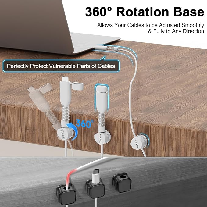 6 Desktop Cord Organizer Magnetic Spring Cable Clips Rotatable Cord Holder 2 Charging Cord Protecors for Nightstand Phone Charger Organizer Computer Desk Cable Management Appliance Adhesive Wire Strap