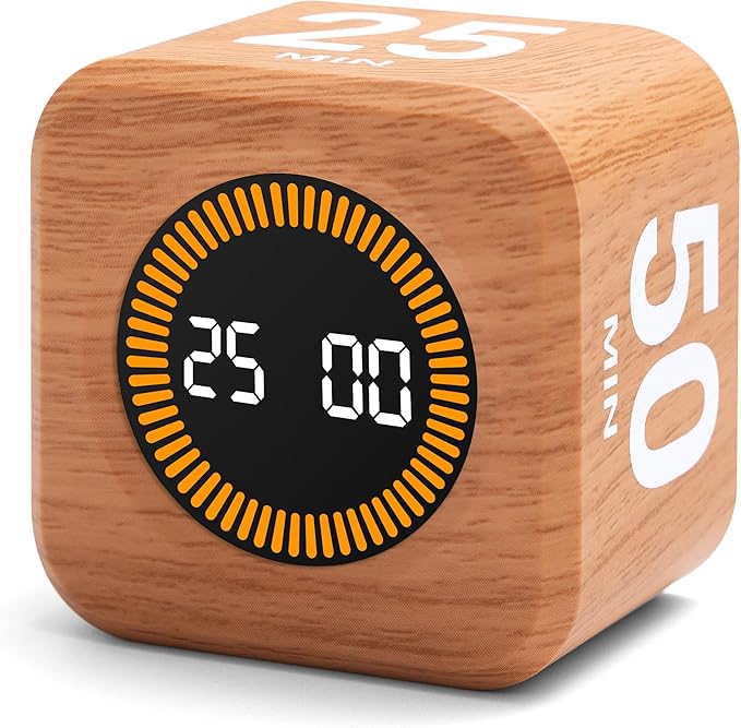 Exlliy Rotating Productivity Timer 5, 25, 10, 50 Minutes Preset, Desk Cube w/Gravity Sensor for ADHD, Mute Functions, Ideal for Work, Study, Kitchen, Back to School (1, Wood Grain Finish)