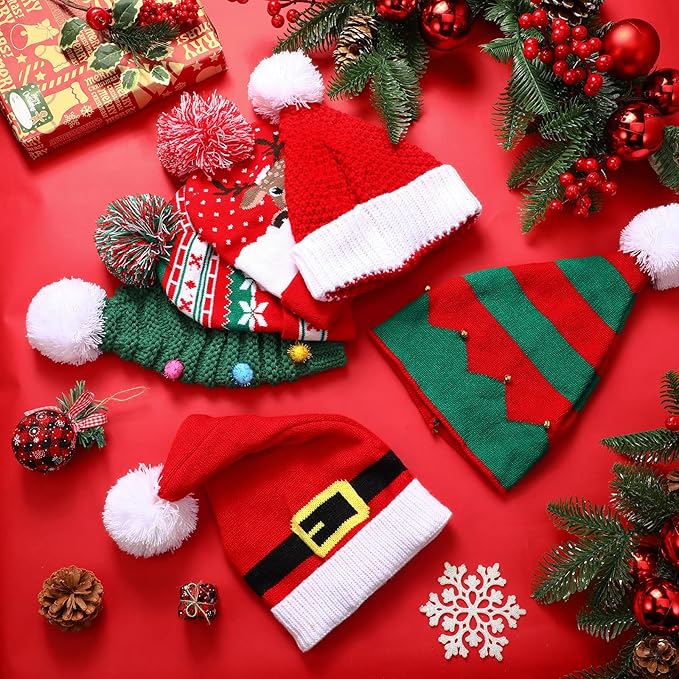 Vicenpal 6 Pcs Christmas Knitted Hat Xmas Beanie Hat Bulk Crochet Knit Cap Set Printed Wool Bulk