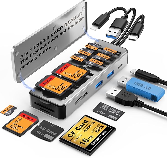 8in1 Multi SD Card Reader Adapter Aluminum with Card Storage Carrying Box SD/TF/CF/MS/XD/Cfast/Memory Stick Pro Duo USB3.0 C&A Port for Phone/Pad/PC/Laptop,No Application Required Plug and Play