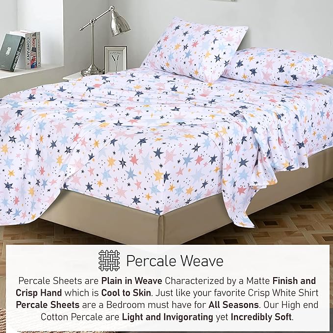 RUVANTI 100% Cotton Full Size Bed Sheets, 4 Pieces, Soft & Breathable Percale Weave Bedding, Deep Pocket 16", Hotel Standard, Crisp Cool Feel, Durable, Perfect Sheet Set Floral, Fault Star
