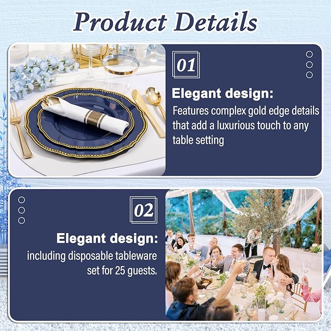 Hioasis 350pcs Blue and gold Plastic Plates - Blue Plastic Dinnerware Set Includes 50 Dinner Plates, 50 Dessert Dinnerware, 50 Cups, 50 Rolled Napkin Cutlery Perfect for Wedding & Christmas
