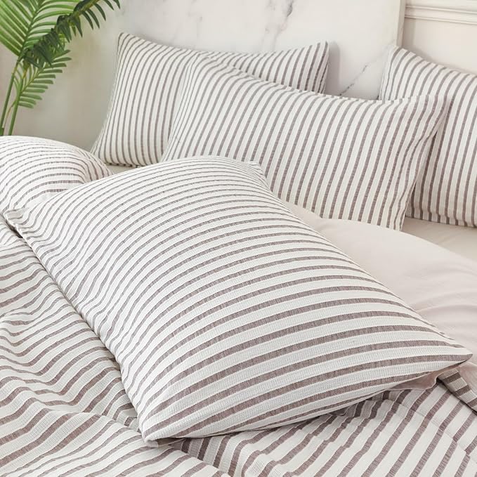 King Grey Duvet Cover Striped Washed Microfiber Jacquard 3 Pieces Bedding Set, Grey White Vertical Ticking Stripes Pattern Comforter Cover with Zipper Closure Breathable Durable Soft Comfy
