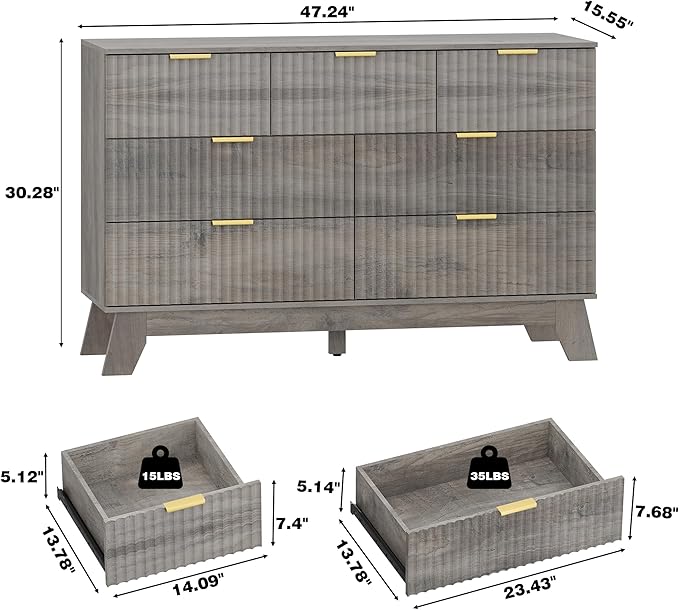 HUANLEGO Fluted Dresser for Bedroom with 7 Drawer, Mid Century Modern Chest of Drawers, 48" Wide Natural Wood Dresser for Closet, Wooden Boho Chest Closet Storage TV Stand for Bedroom, Grey