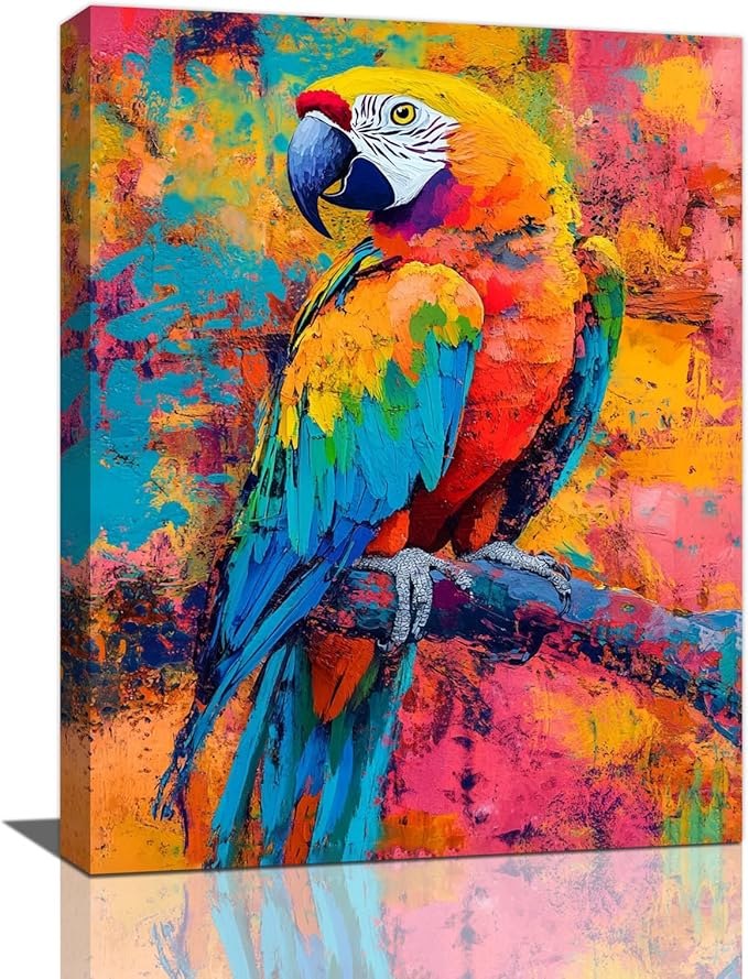 Parrot Wall Art, Graffiti Parrot Pictures Wall Decor, Colorful Birds Canvas Prints, Banksy Animal Painting, Framed Artwork for Bathroom Living Room Bedroom Office Dining Room 24"X20"