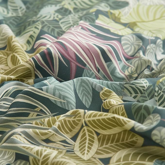 EAVD Tropical Leaves Duvet Cover Queen Soft Cotton Chic Plant Green Leaf Pattern Bedding Set with 2 Pillowcases Fresh Botanical Leaves Comforter Cover with Zipper Closure
