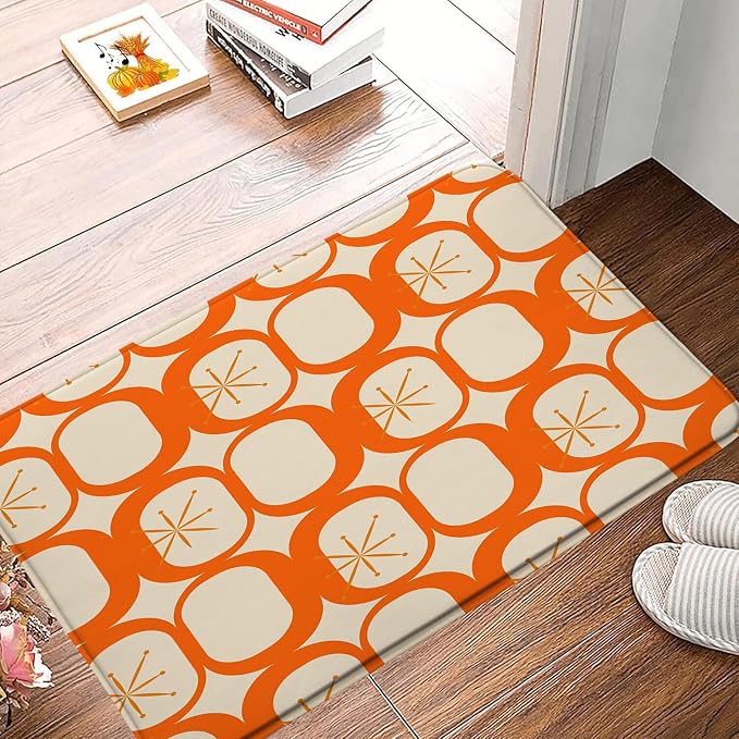 Mid Century Modern Bath Mat Abstract Atomic Geometric Retro 1950s Orange Bathroom Kitchen Toilet Rugs,18x48 Inch