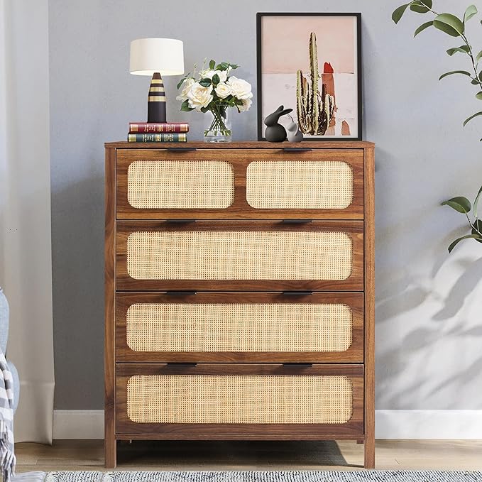 LEVNARY 4 Drawer Dresser for Bedroom, Rattan Dresser Drawers Storage Cane Cabinet, Wooden Chest of Drawers for Bedroom, Entryway, Living Room (1, Walnut)
