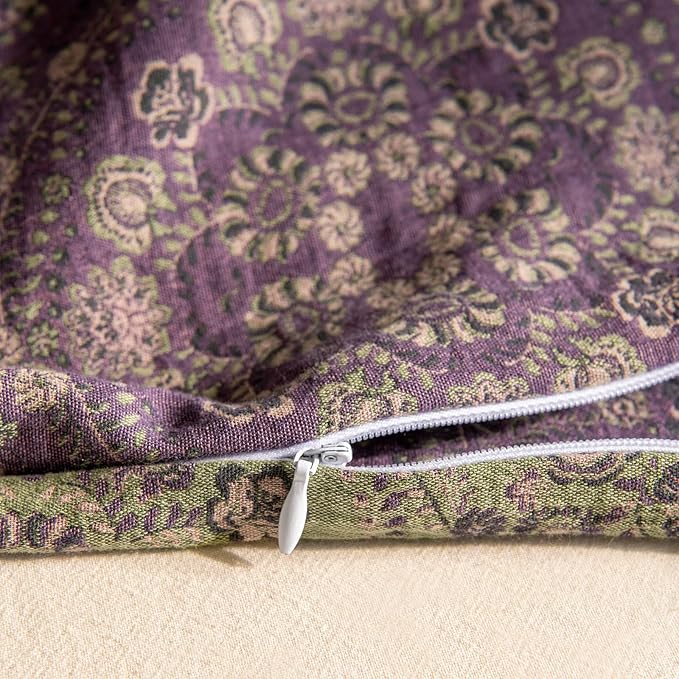 Full Duvet Cover Set Purple Green Floral Duvet Cover Exquisite Jacquard Flower Bedding Set Boho Medallion Vintage Floral Comforter Cover Linen Cotton Yarn-Dyed Textured Duvet Cover with Zipper Ties