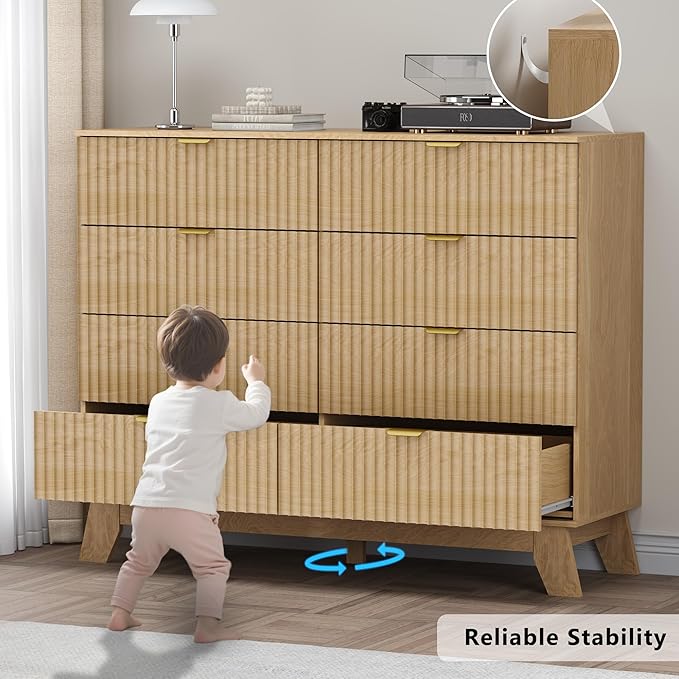 BORNOON Fluted 8 Drawer Tall Dresser, 47.2" Wide Modern Boho Chest of Drawers, Wooden Storage Dresser TV Stand for Bedroom, Living Room, Closet, Hallway, Curved Profile Design