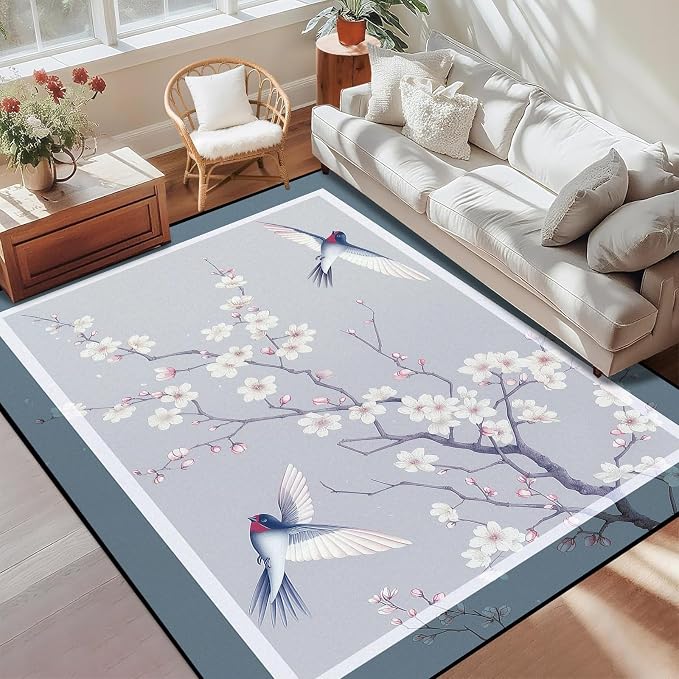 Cherry Blossom Area Rug 3D Swallow Sakura Floral Rugs for Entryway Bedroom Living Room Kitchen Home Decor Soft Non Slip Indoor Carpet Washable Low Pile Floor Mat,6'x9'