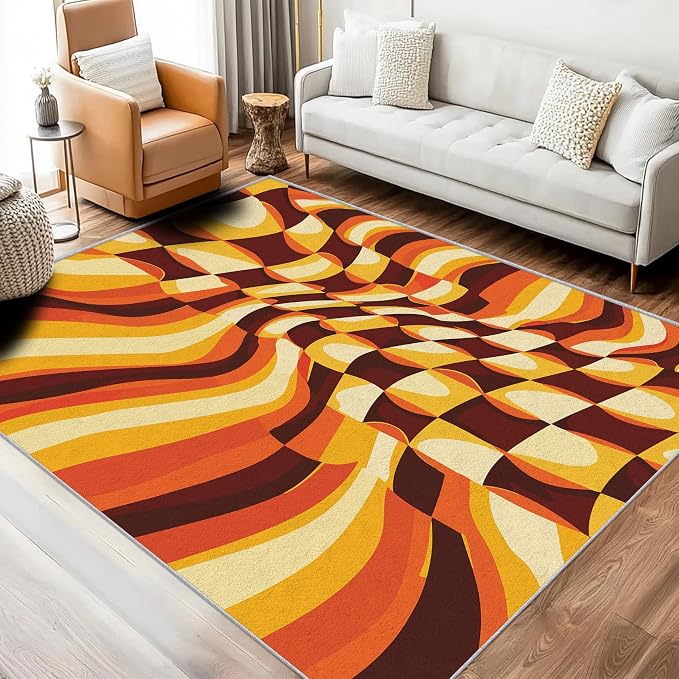 70s Retro Rugs 3x4, Orange Brown Abstract Washable 3 x 4 Area Rug for Living Room, Bedroom, Low Pile Non Slip Stain Resistant Carpet, 70s Orange Home Decor Accessories & M828