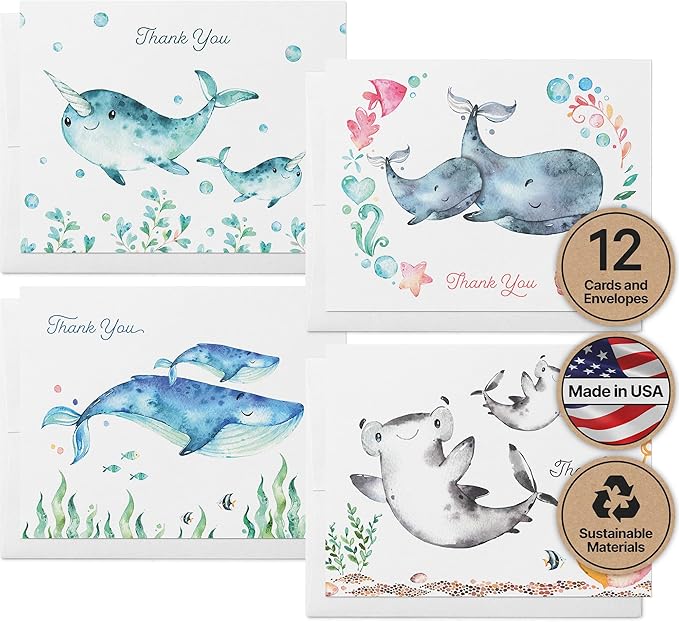 Twigs Paper Thank You Card Set - 12 Assorted Greeting Cards For All Occasions - Thank You Cards with Envelopes - Appreciation Cards - Eco Friendly - Made In USA - 5.5 x 4.25 Inch Size - Ocean Themed