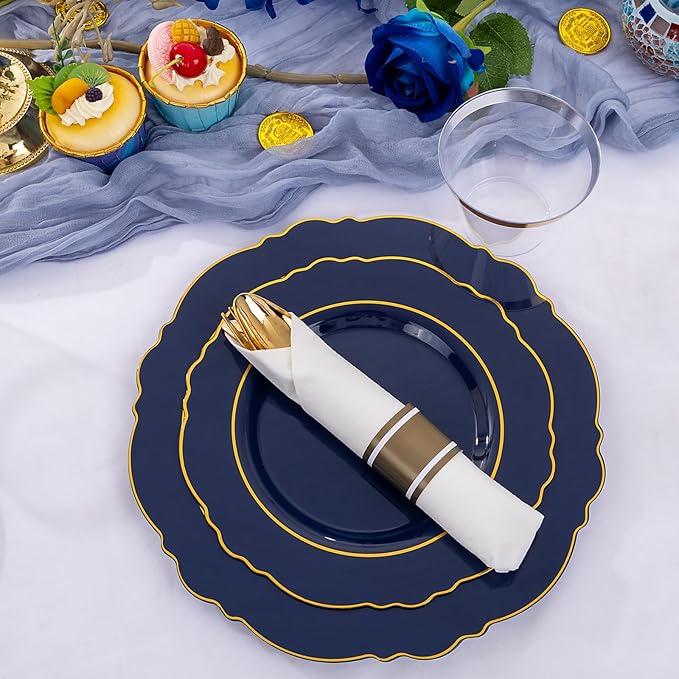 Liacere 350PCS Navy Blue Plastic Plates-Disposable Blue Gold Plates 50guest Plastic Dinnerware include 100Plates,50Pack Pre Rolled Napkins with Silverware 50Cups for Christmas ＆ Hanukkah