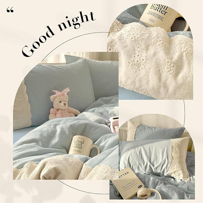 LifeTB Blue Gingham Comforter Set Queen Romantic Lace Style Plaid Checkered Comforter Set Cute Grid Bed Comforter with 2 Pillowcases Cozy Gingham Bedding Set Blue Plaid Comforter for Teen Girls