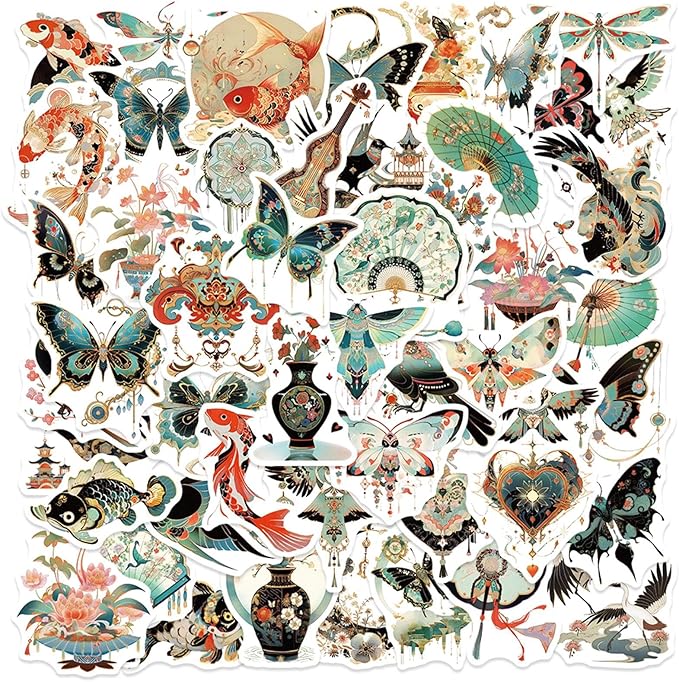 50PCS Vintage Chinoiserie Art Stickers，Chinese Elements Aesthetic Stickers，Vinyl Waterproof Decal,Perfect for Kids,Teens,Water Bottle Suitcase Phone Skateboard Guitar Bike Laptop Scrapbook