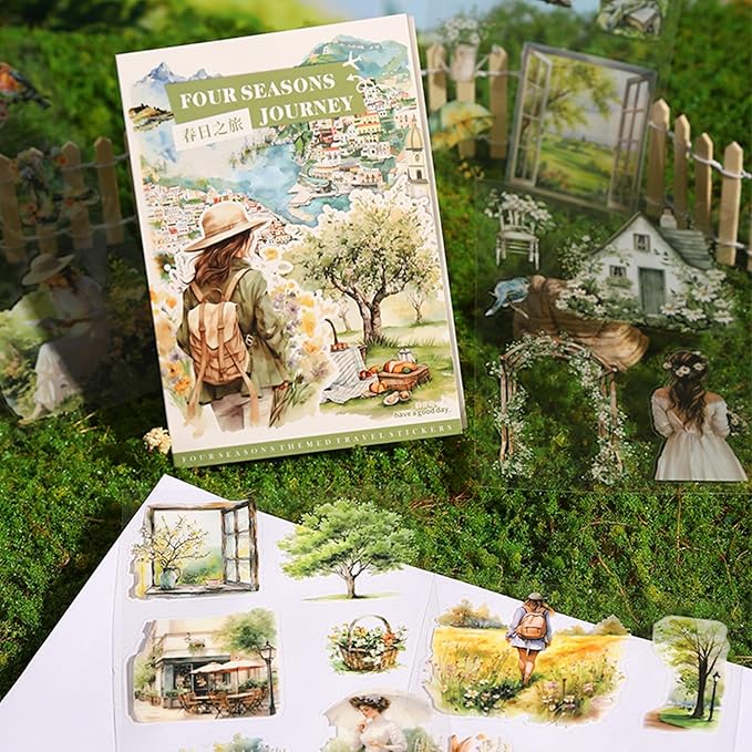 MiyouLuna Seasons Journey Pre-Cut PET Sticker Set, 80 Sheets of Seasonal Travel-Themed Stickers for Scrapbooking, Journaling, DIY Crafts, and Junk Journal Ephemera
