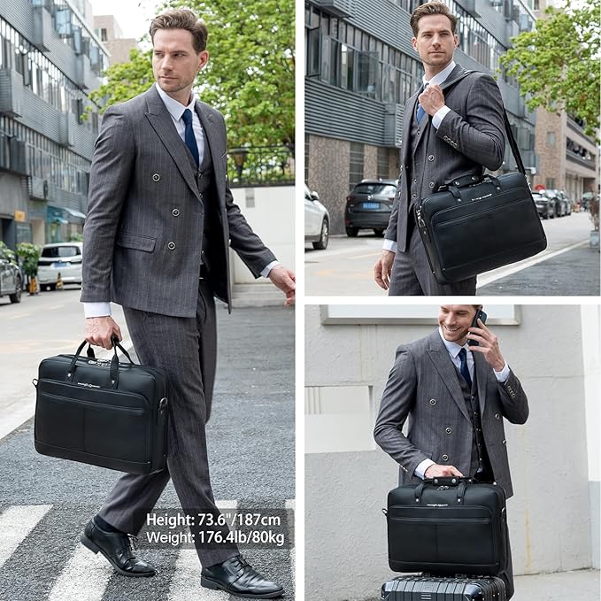 Masa Kawa Leather Briefcase for Men 17/15.6" Laptop Crossbody Shoulder Messenger Bag Business Travel Work Attache Case