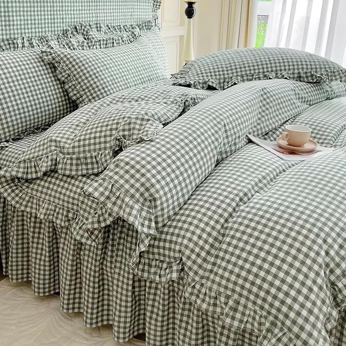 LifeTB Twin XL Comforter Set Green Gingham Comforter for Men Boys Ruffle Plaid Comforter Set Checkered Grid Bed Comforter with 2 Pillowcases Fluffy Soft Vintage Plaid Gingham Bedding Set Twin XL