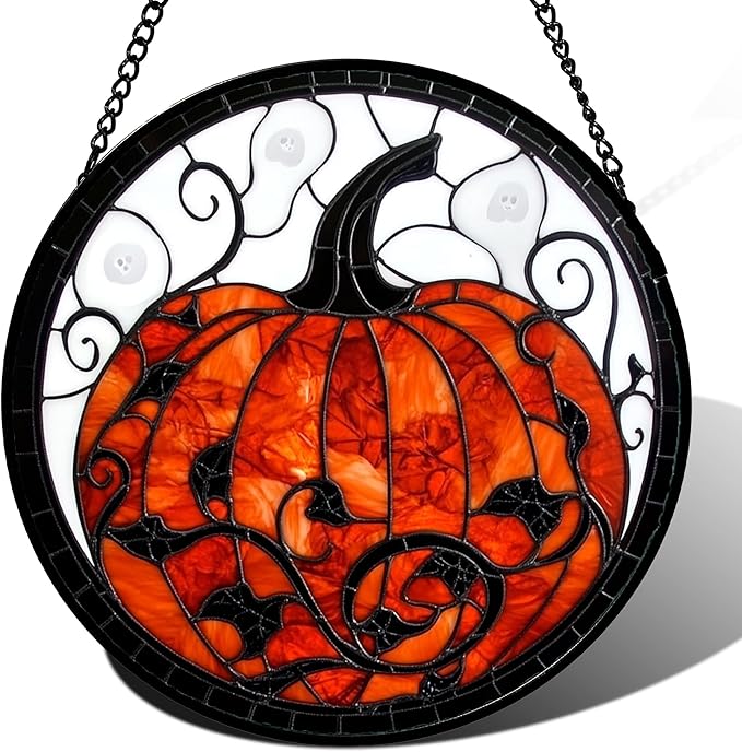 Stained Glass Window Hanging - Halloween Red White Scary Pumpkin Suncatcher for Doors Garden Home Spooky Rattan Sun Catchers Gothic Decor Horror Gifts for Women Men Friend Boy Girl 9.8 in