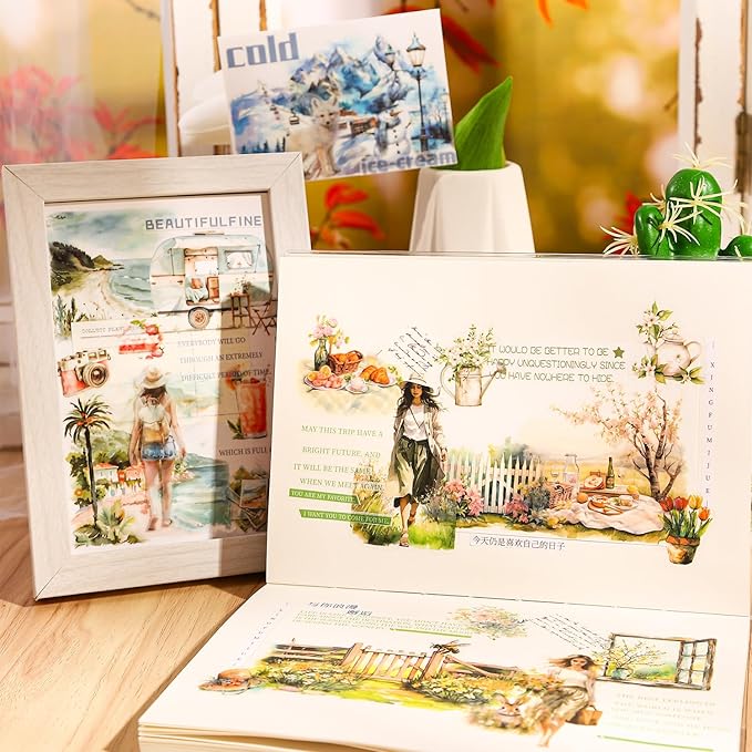 MiyouLuna Seasons Journey Pre-Cut PET Sticker Set, 80 Sheets of Seasonal Travel-Themed Stickers for Scrapbooking, Journaling, DIY Crafts, and Junk Journal Ephemera