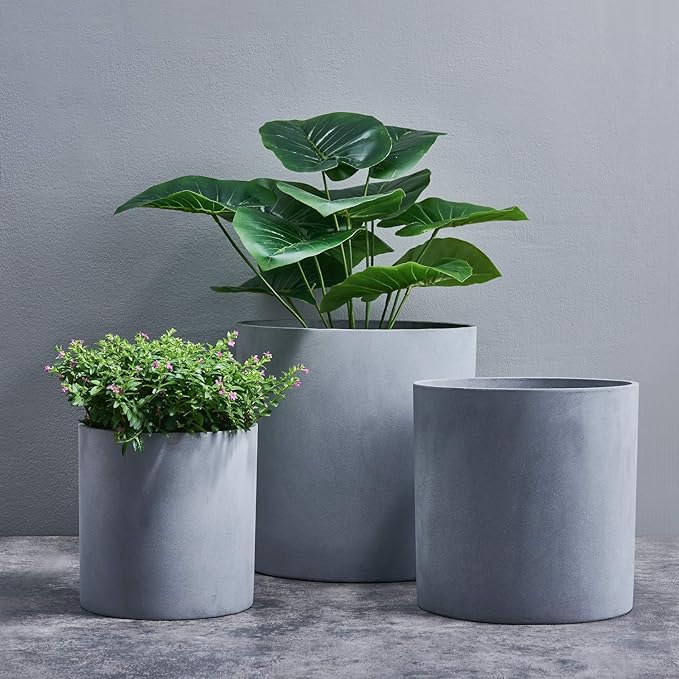 FaithLand 8 Inch Fiberstone Planter - Lightweight Modern Cylinder Plant Pot with Drainage Hole & Plug, Authentic Concrete Look, Gray