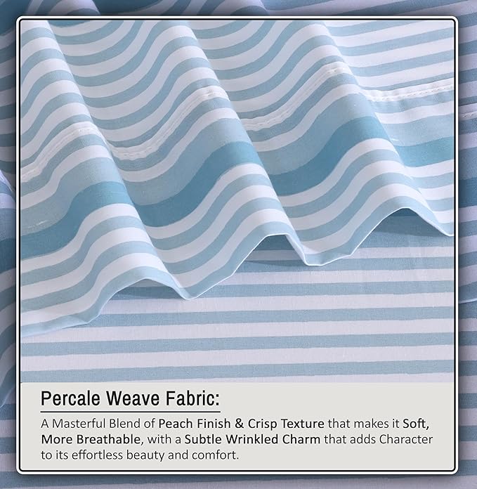 RUVANTI 100% Organic Cotton Sheets Queen Size, Percale Weave, GOTS Certified, 4-Piece Set, Deep Pocket 15", Crisp & Breathable, Soft Durable Bedding, Sábanas Algodón Orgánico – Nautical Stripes