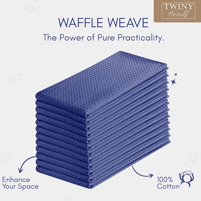 TWINY threads Kitchen Dish Towels Set of 12, 100% Cotton Waffle Weave, Absorbent Dishcloth & Tea Towel with Hanging Loop, Reusable for Table Cleaning, Quick Drying - 16x26 Inches - Indigo Blue