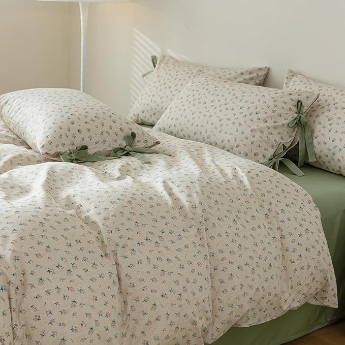 Vintage Style Duvet Cover Queen 100% Cotton Green Floral Print Duvet Cover Flower Botanical Bedding Sets Cottagecore Floral Comforter Cover 1 Queen Floral Duvet Cover with 2 Bowknot Pillowcases