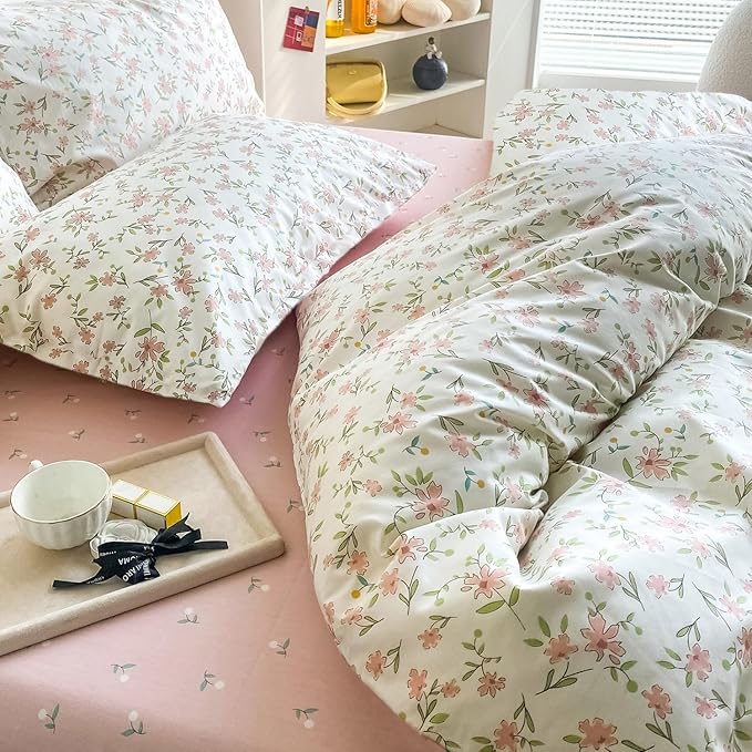 LifeTB 3 Pieces Girls Floral Comforter Set Twin XL Pink Flower Bedding Comforter with 2 Pillowcases Fluffy Cozy Cottagecore Bedding Boho Farmhouse Vintage Botanical Comforter Set for All Seasons
