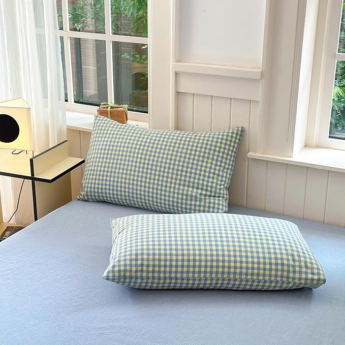 LifeTB Blue Yellow Gingham Comforter Set King 3 Pieces Soft Fluffy Grid Checkered Pattern Comforter with 2 Pillowcases Farmhouse Gingham Bedding Set Modern Style Geometric Plaid Comforter Set