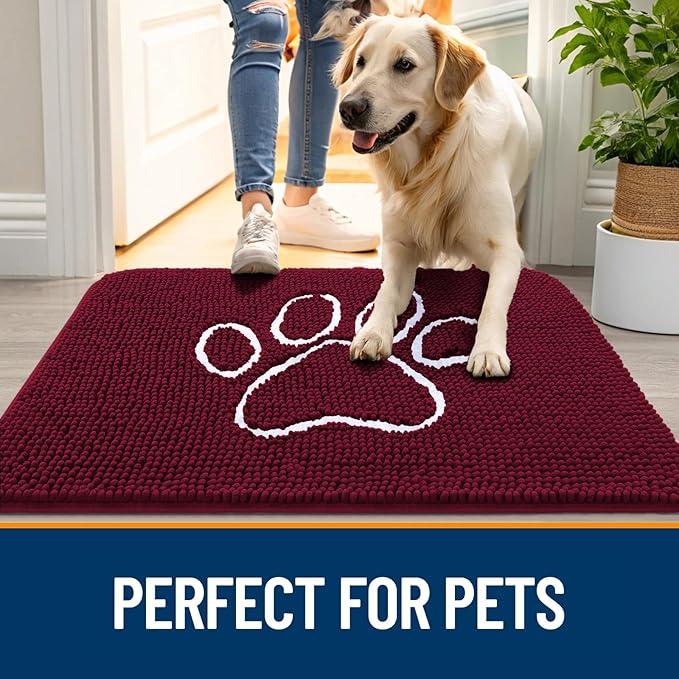 OLANLY Dog Door Mat for Muddy Paws 36x24, Paw Print Design, Absorbs Moisture and Dirt, Absorbent Non-Slip Washable Doormat, Quick Dry Chenille Mud Mat for Dogs, Entry Indoor Entryway Carpet, Burgundy