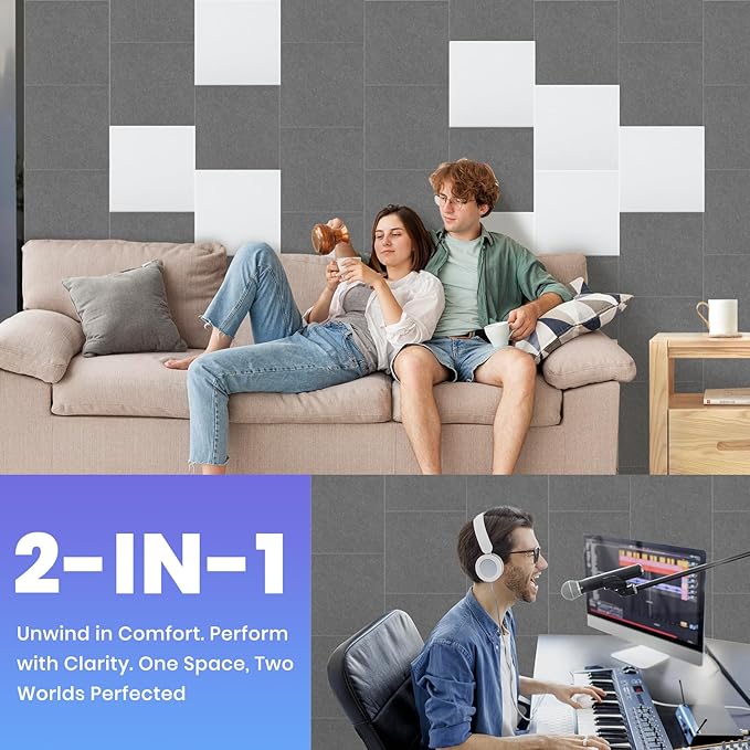 Focusound 18 Pack Sound Proof Panels for Walls, Self-Adhesive Acoustic Panels Sound Absorbing, 12" X 12" X 0.4" High Density Square Soundproof Wall Panels
