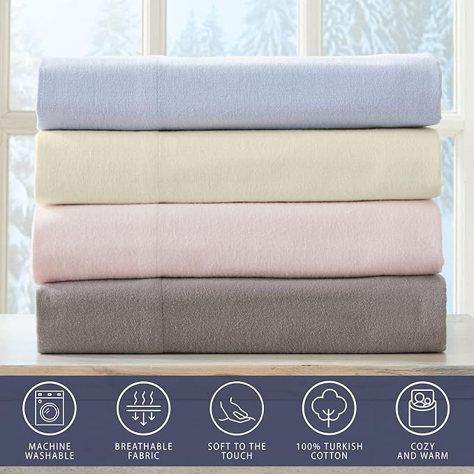 Market & Place 100% Turkish Cotton Flannel Sheet Set | 4 Piece Deep Pocket Solid Cozy Winter Bed Sheets | Double Brushed for Extra Softness & Comfort | Chalet Collection (King, Ivory)