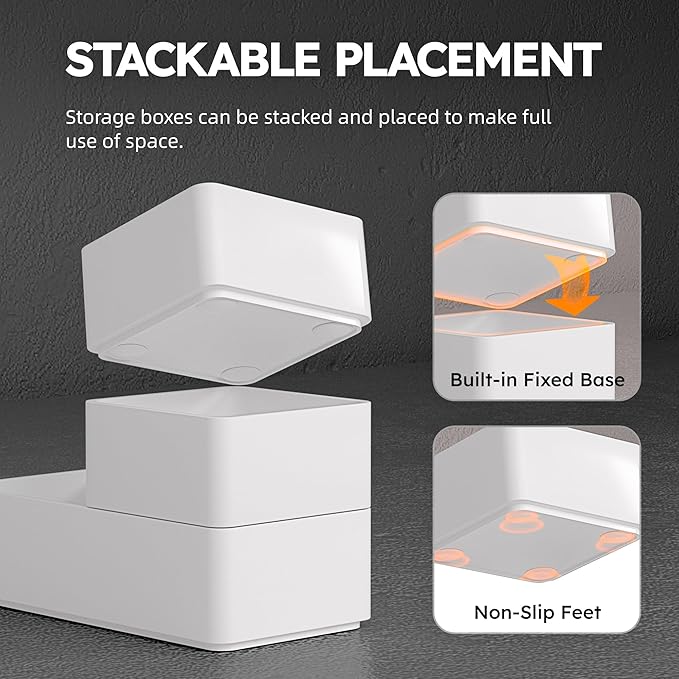 eazttouz 7 Pack Stackable Drawer Organizer Trays, Plastic Shallow Storage Bins for Bathroom Vanity, Desk Drawer, Kitchen, Makeup Organization, White (1XL+2L+2M+2S)