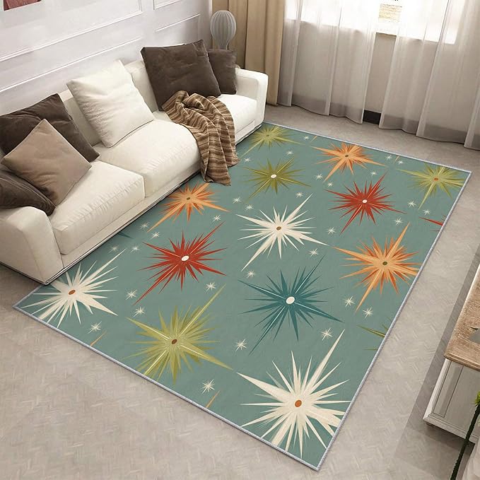 Mid Century Modern Rugs for Bedroom 5x8 ft, Starburst Area Rugs for Living Room, Washable Non Slip Low Pile Abstract Atomic Carpet, Home Decor PF-P 107