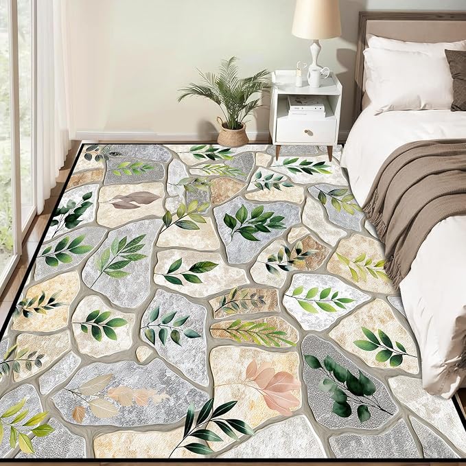 6'x9' Optical Illusion Rug 3D Stone Floor Mat Green Leaf Botanical Area Rug Rustic Nature Washable Carpet for Bedroom Living Room Kitchen Nursery Playroom Home Decor