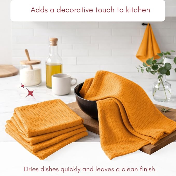 TWINY threads Mustard Yellow Kitchen Towels Set of 12 - Soft, Absorbent 100% Cotton Waffle Weave Dish Towels - Absorbent, Fast Dry Hand Towels with Loop for Fall Decor & Dining - 16"x26"