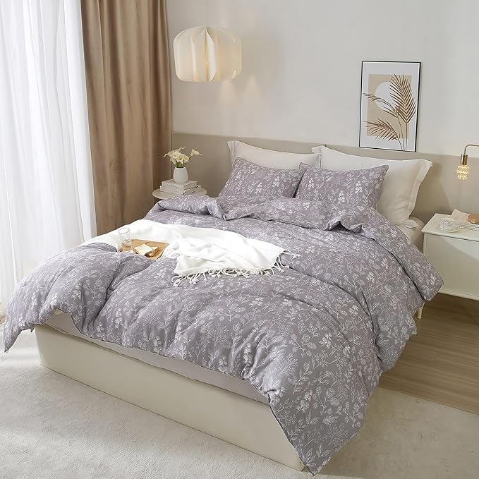 EAVD Fresh Vintage Grey Floral Duvet Cover King Soft Cotton Chic Shabby Garden Floral Bedding Set with 2 Pillowcases Reversible Floral Botanical Duvet Cover with Zipper Closure