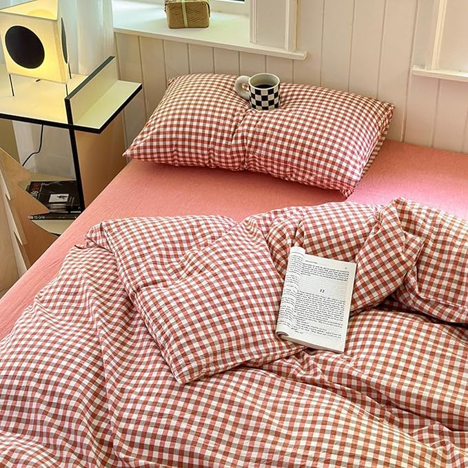LifeTB Twin XL Comforter Set Red Orange Gingham Comforter with 2 Pillowcases Modern Style Grid Plaid Comforter Set Fluffy Soft Lightweight Gingham Bedding Set Fluffy Checkered Comforter Twin XL