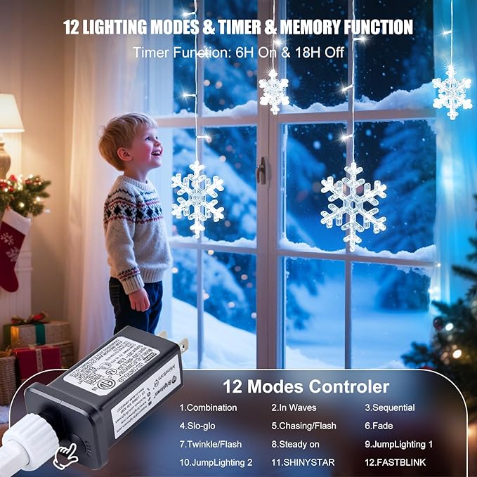Minetom 2 Pack 13 ft 192 LED Snowflake Lights, Christmas Icicle Lights with 16 Drops, 12 Modes and Timer, IP65 Waterproof Connectable Christmas Light for House Window Indoor Outdoor, White