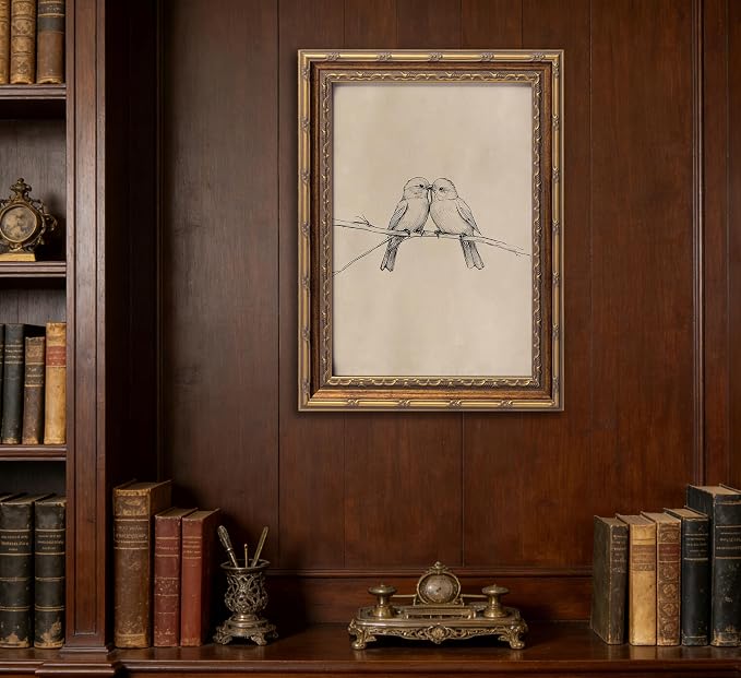 Vintage Gold Framed Bird Canvas Wall Art Two Birds Sketch Wall Decor Vintage Farmhouse Sketch Animals Artwork Retro Birds Painting Retro Rustic Print for Farmhouse Bedroom Living Room 9X11in