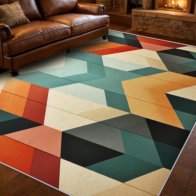 Mid Century Modern Area Rug 8x12, Washable Non-Slip Low Pile Abstract Geometric Carpet for Living Room Bedroom Home Office, Retro Contemporary Accent Rug in Teal Orange Cream Black