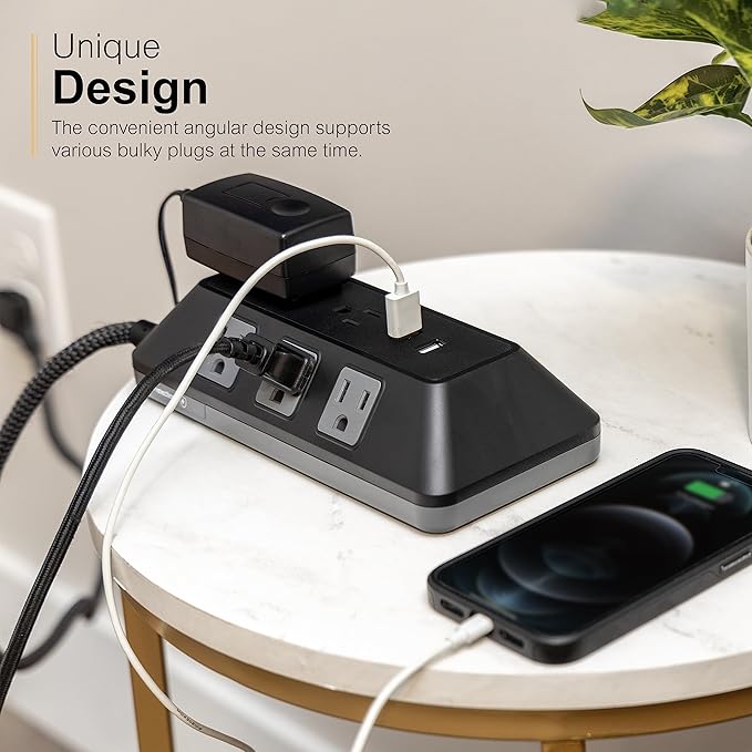 GE UltraPro Adapt 8-Outlet Surge Protector with USB Ports, 2 USB-A Ports, 2.4A, 3ft Braided Cord Power Strip Surge Protector, 1780 Joules, Black, 73776